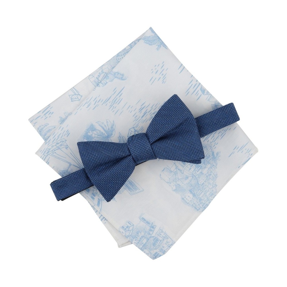 bar III Bow Tie and Pocket Square Set Mens Blue Seaside Textured‎ NWT